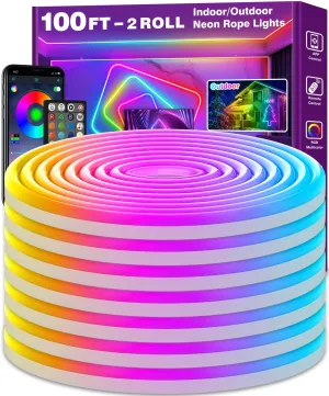 100Ft Neon Rope Lights,Flexible Led Rope Lights Control with App/Remote,Multiple Modes Rope Lights,IP65 Outdoor RGB Led Neon Lights Waterproof,Music Sync Gaming Led Neon Light Strip for Bedroom Decor