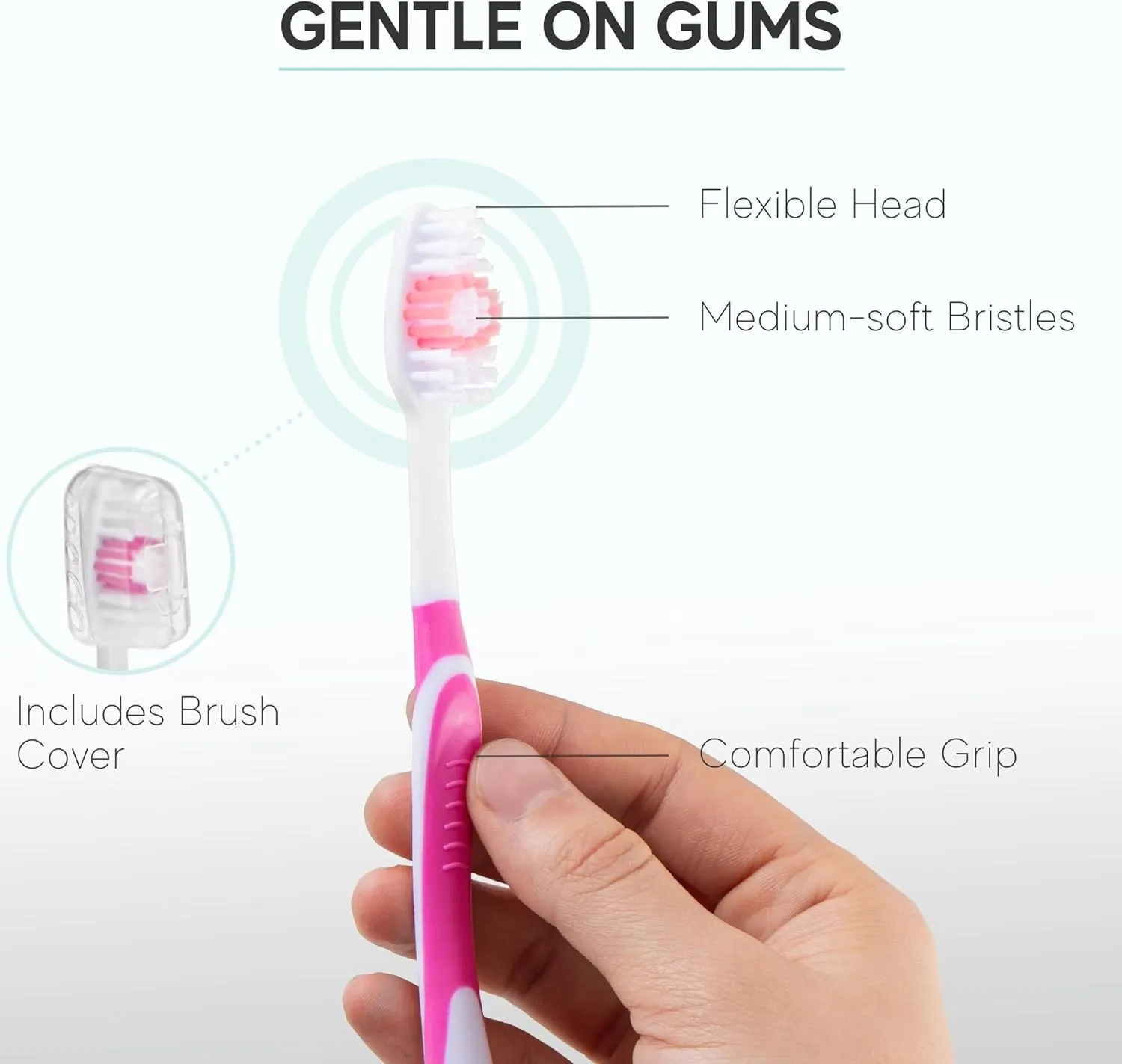 104 Pack Bulk Toothbrushes w/Cover Caps, Individually Wrapped Disposable Travel Toothbrush, Value Size, Long Lasting 3  Months, Med-Soft Manual Teeth Brush Bristles - Pink