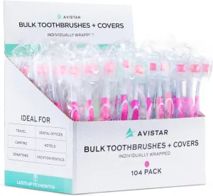 104 Pack Bulk Toothbrushes w/Cover Caps, Individually Wrapped Disposable Travel Toothbrush, Value Size, Long Lasting 3  Months, Med-Soft Manual Teeth Brush Bristles - Pink