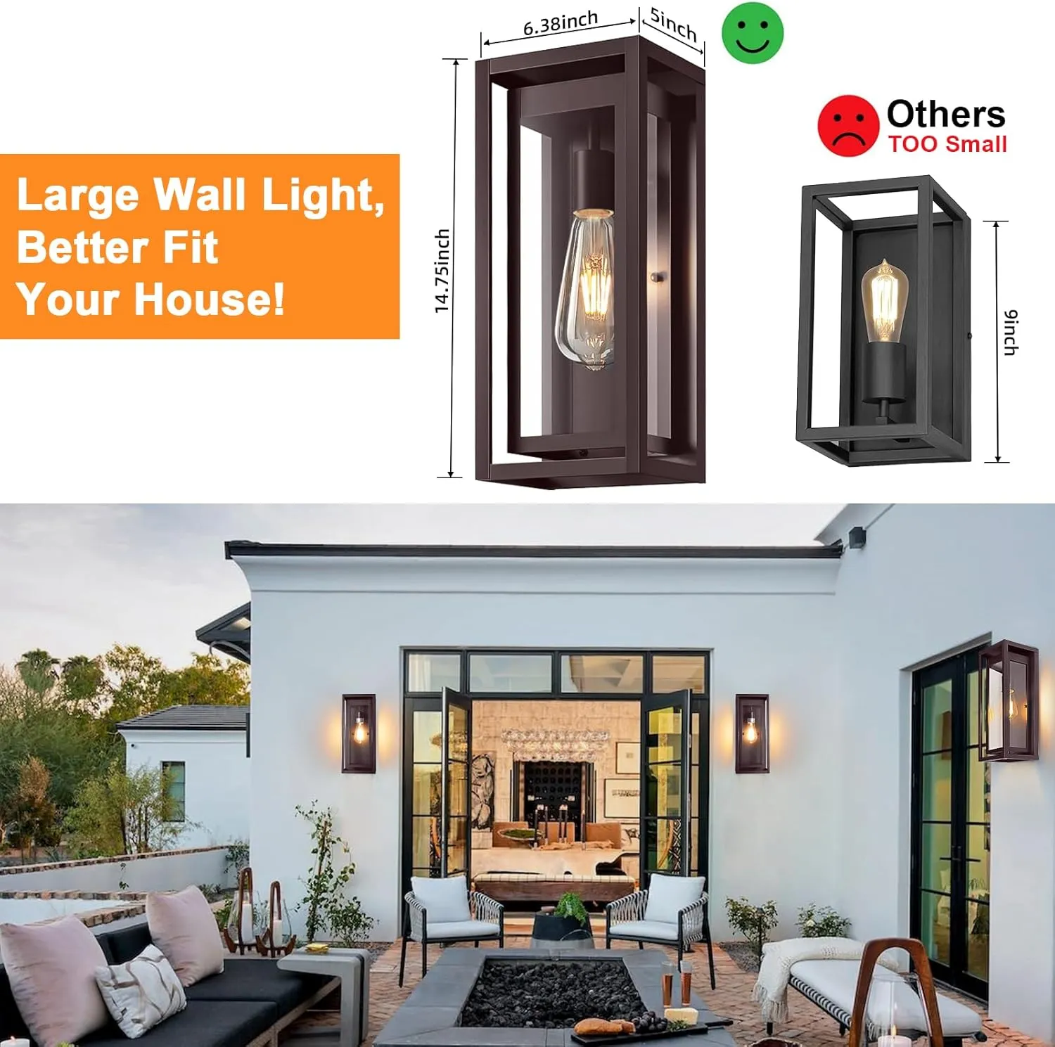 15" Large Oil Rubbed Bronze Outdoor Light Fixture, 2 Pack ORB Outdoor Sconces, Modern Waterproof Wall Lights with Clear Glass Shade for Front Door, Porch, Garage