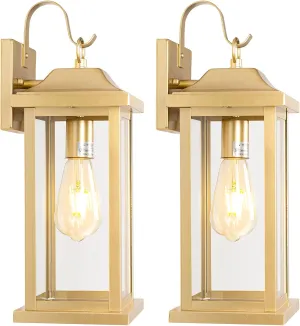 17 Inch Large Gold Outdoor Sconces Wall Lighting 2-Pack, Exterior Light Fixtures IP65 Waterproof Anti-Rust, Brass Porch Lights Clear Glass Outdoor Coach Lanterns Outside Wall Mounted Lamps