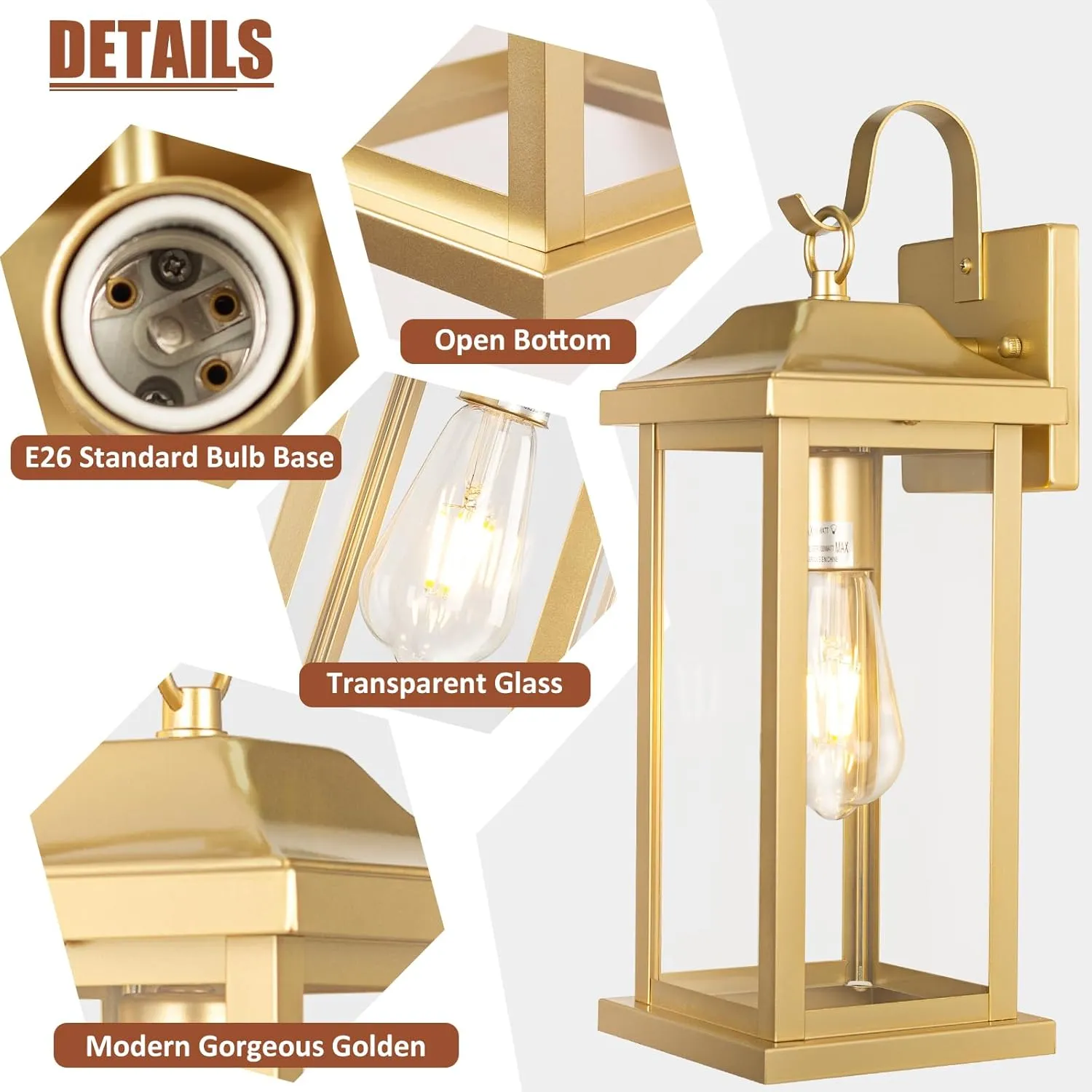 17 Inch Large Gold Outdoor Sconces Wall Lighting 2-Pack, Exterior Light Fixtures IP65 Waterproof Anti-Rust, Brass Porch Lights Clear Glass Outdoor Coach Lanterns Outside Wall Mounted Lamps