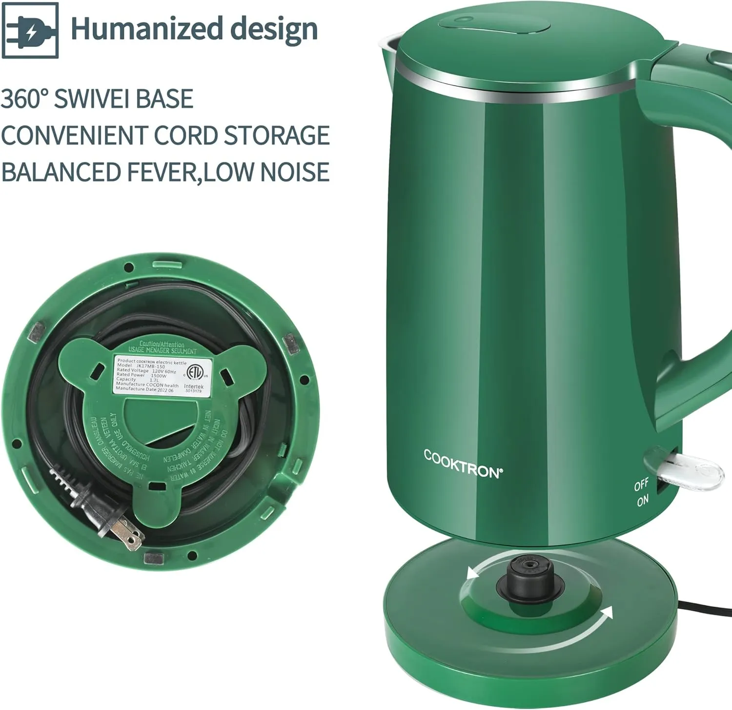1.7L Electric Kettle Quiet, Double Wall Hot Water Boiler BPA-Free, Quiet Boil and Cool Touch Tea Kettle, Cordless with Auto Shut-Off & Boil Dry Protection, 1500W Fast Boiling, dark green