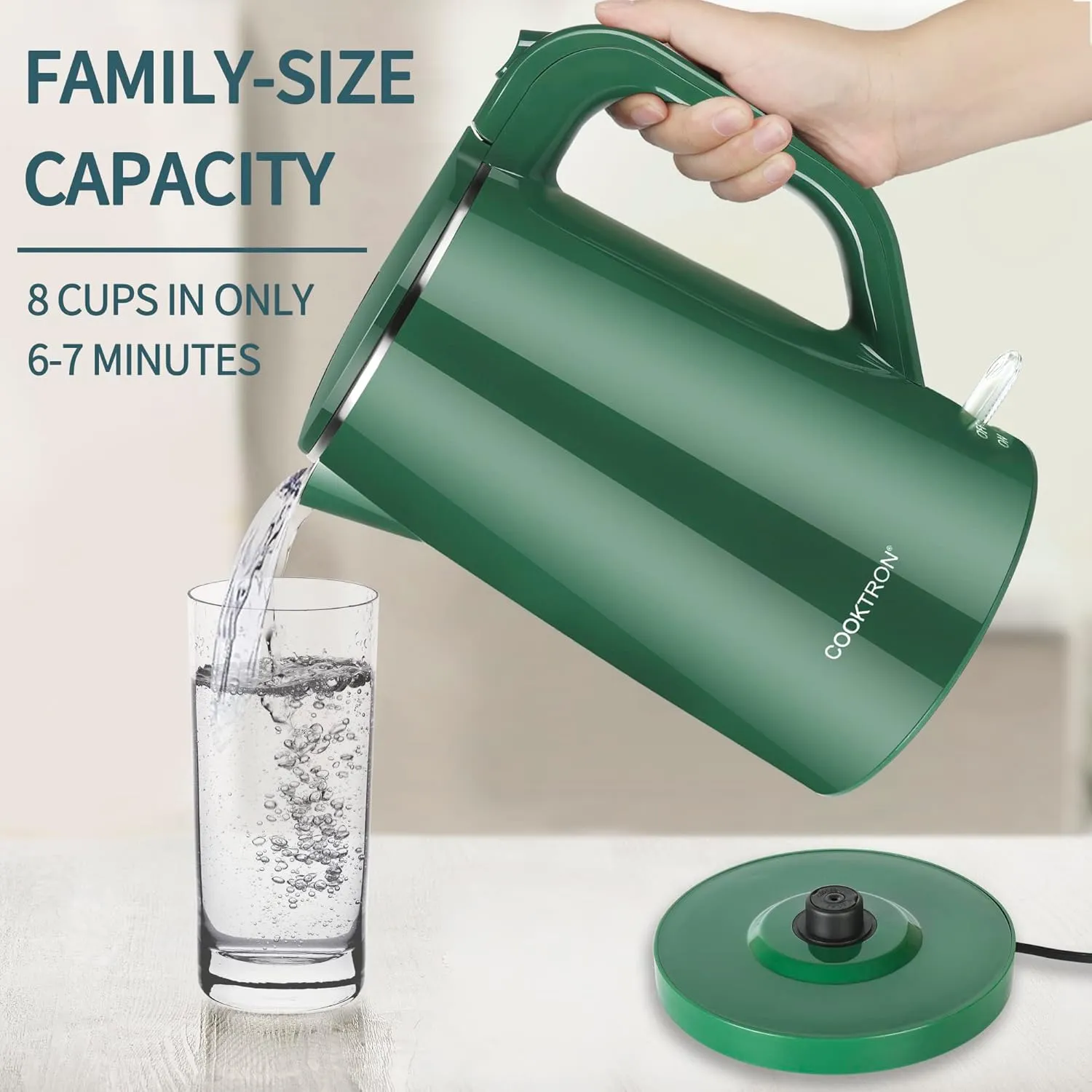 1.7L Electric Kettle Quiet, Double Wall Hot Water Boiler BPA-Free, Quiet Boil and Cool Touch Tea Kettle, Cordless with Auto Shut-Off & Boil Dry Protection, 1500W Fast Boiling, dark green