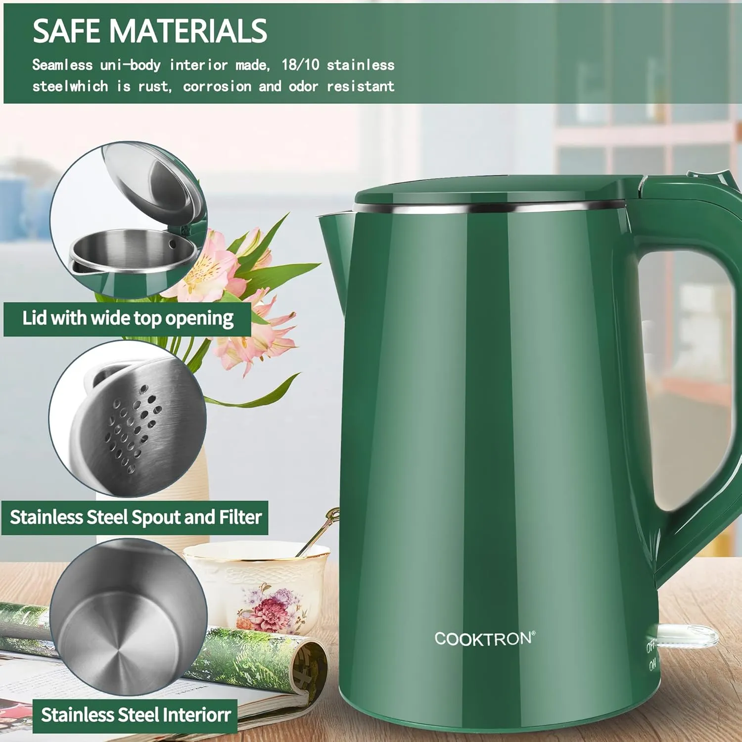 1.7L Electric Kettle Quiet, Double Wall Hot Water Boiler BPA-Free, Quiet Boil and Cool Touch Tea Kettle, Cordless with Auto Shut-Off & Boil Dry Protection, 1500W Fast Boiling, dark green