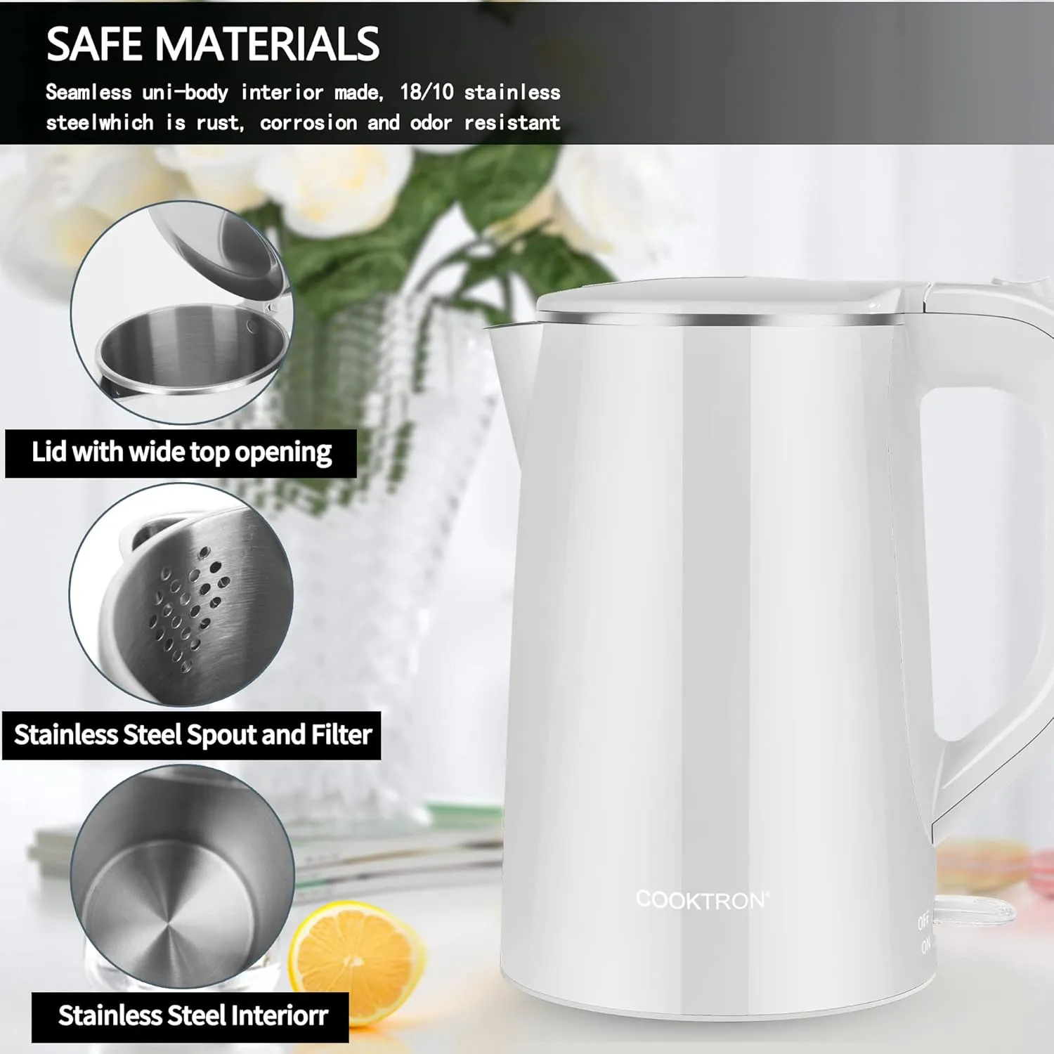 1.7L Electric Kettle Quiet, Double Wall Hot Water Boiler BPA-Free, Quiet Boil and Cool Touch Tea Kettle, Cordless with Auto Shut-Off & Boil Dry Protection, 1500W Fast Boiling, White