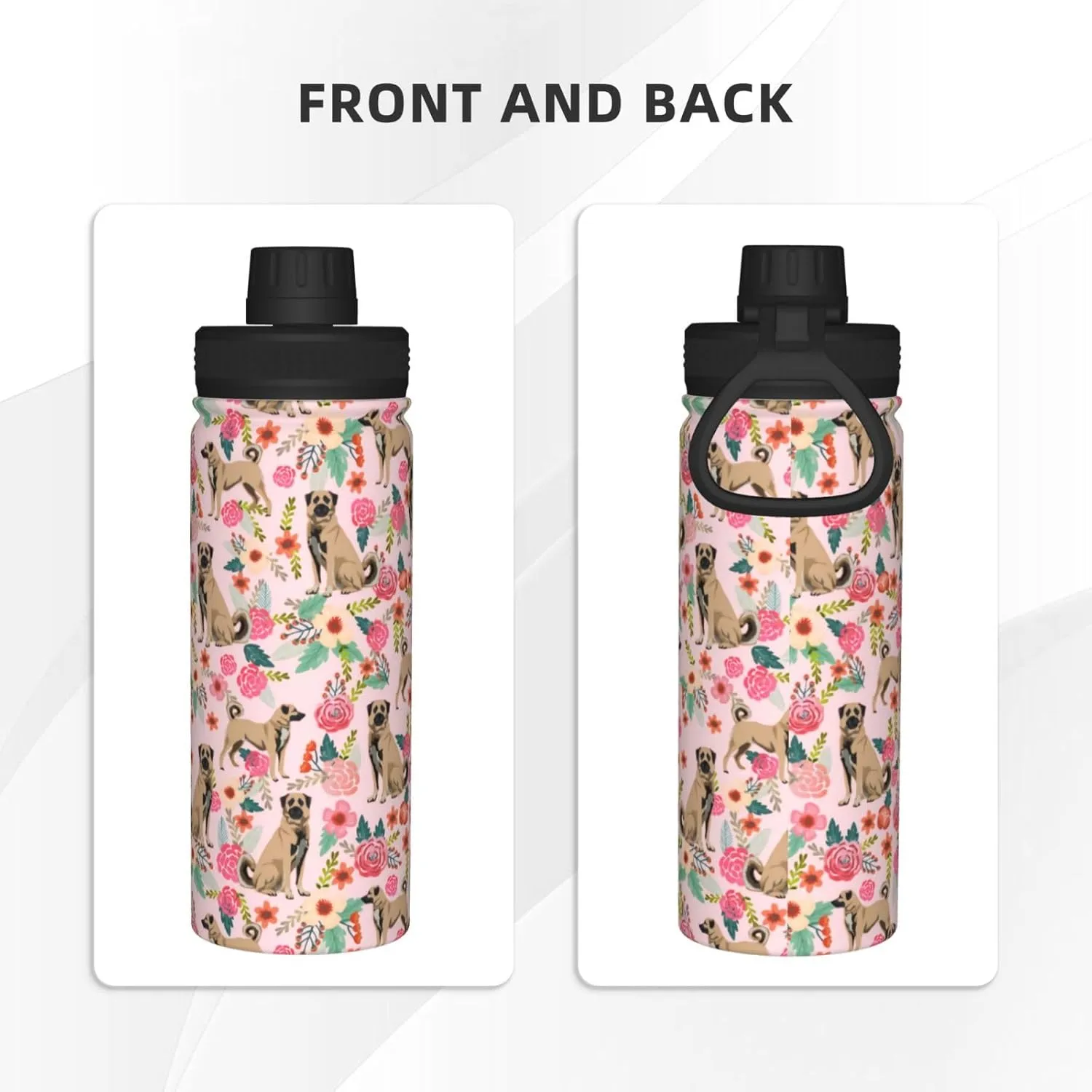 18 Oz Stainless Steel Vacuum Insulated Sports Water Bottles - Cute Anatolian Shepherd Dog Rose Flowers Florals Print Cups With Flip, Spout And Handle Lid Thermos Mugs For School Travel Birthday Gifts