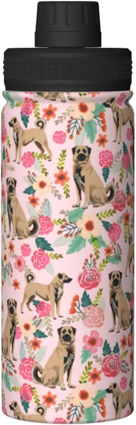 18 Oz Stainless Steel Vacuum Insulated Sports Water Bottles - Cute Anatolian Shepherd Dog Rose Flowers Florals Print Cups With Flip, Spout And Handle Lid Thermos Mugs For School Travel Birthday Gifts