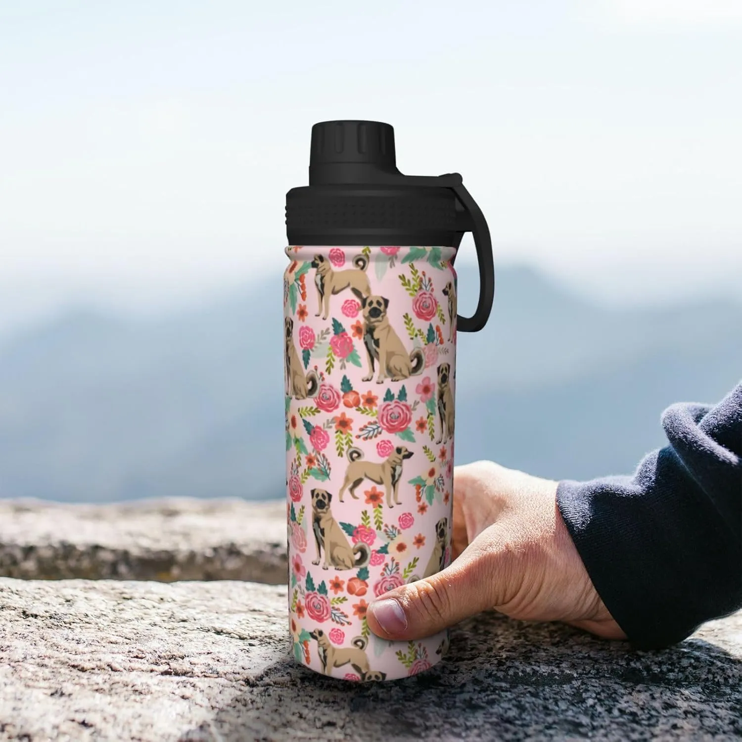 18 Oz Stainless Steel Vacuum Insulated Sports Water Bottles - Cute Anatolian Shepherd Dog Rose Flowers Florals Print Cups With Flip, Spout And Handle Lid Thermos Mugs For School Travel Birthday Gifts