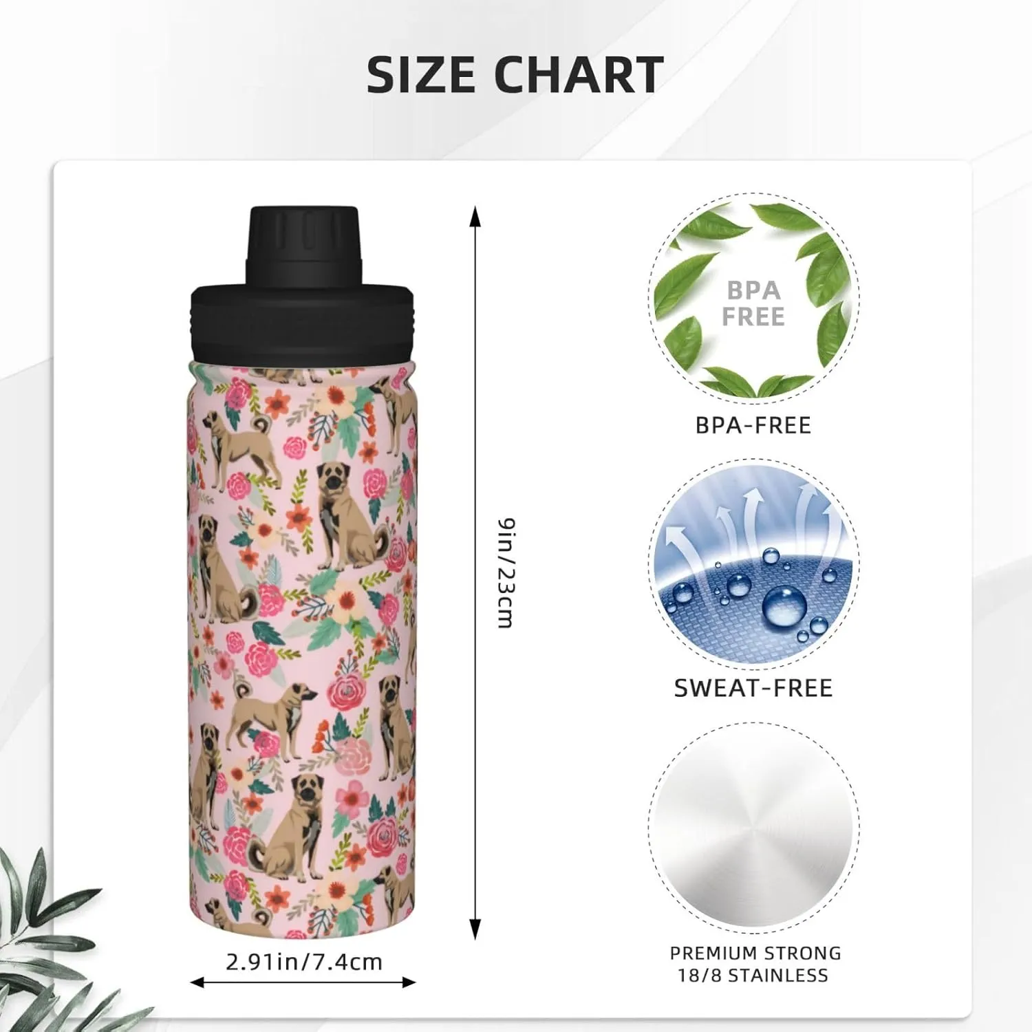 18 Oz Stainless Steel Vacuum Insulated Sports Water Bottles - Cute Anatolian Shepherd Dog Rose Flowers Florals Print Cups With Flip, Spout And Handle Lid Thermos Mugs For School Travel Birthday Gifts