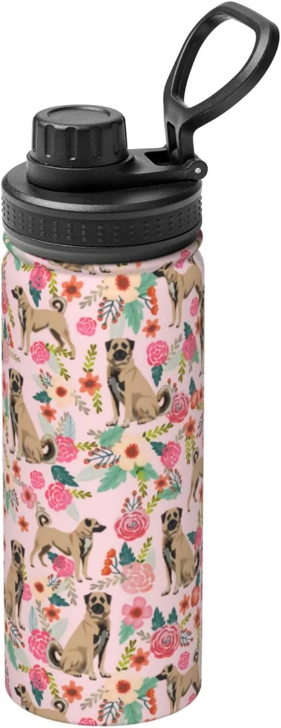 18 Oz Stainless Steel Vacuum Insulated Sports Water Bottles - Cute Anatolian Shepherd Dog Rose Flowers Florals Print Cups With Flip, Spout And Handle Lid Thermos Mugs For School Travel Birthday Gifts