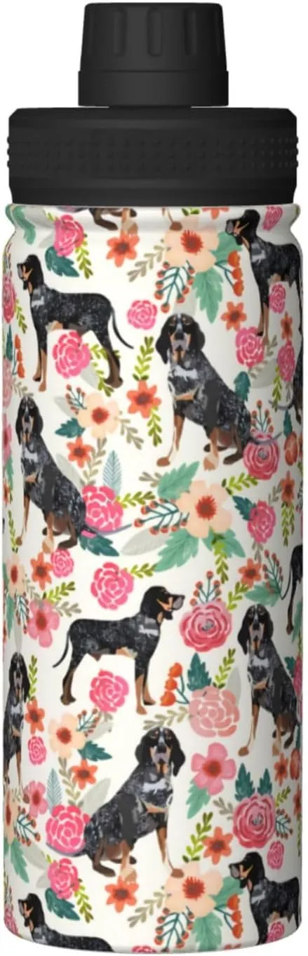 18 Oz Stainless Steel Vacuum Insulated Sports Water Bottles - Cute Bluetick Coonhound Dog Rose Flowers Florals Print Cups With Flip, Spout And Handle Lid Thermos Mugs For School Travel Birthday Gifts