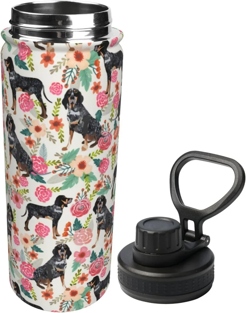 18 Oz Stainless Steel Vacuum Insulated Sports Water Bottles - Cute Bluetick Coonhound Dog Rose Flowers Florals Print Cups With Flip, Spout And Handle Lid Thermos Mugs For School Travel Birthday Gifts