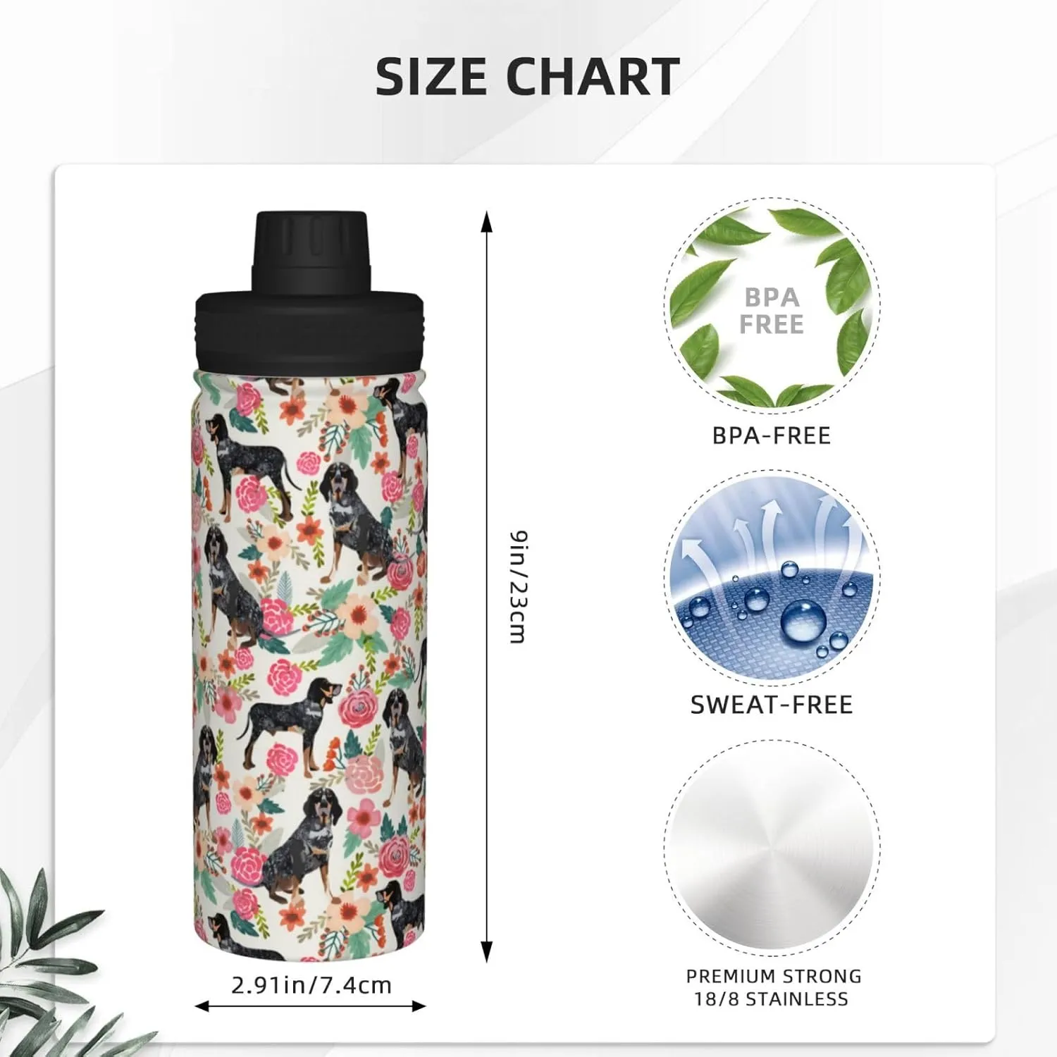 18 Oz Stainless Steel Vacuum Insulated Sports Water Bottles - Cute Bluetick Coonhound Dog Rose Flowers Florals Print Cups With Flip, Spout And Handle Lid Thermos Mugs For School Travel Birthday Gifts