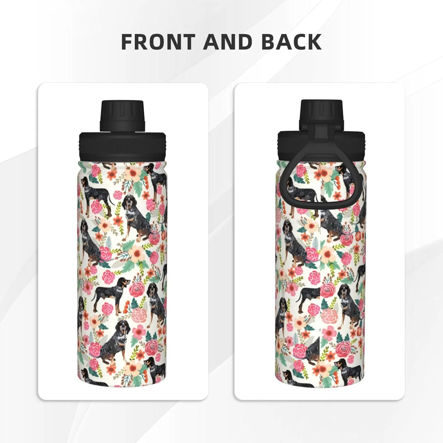 18 Oz Stainless Steel Vacuum Insulated Sports Water Bottles - Cute Bluetick Coonhound Dog Rose Flowers Florals Print Cups With Flip, Spout And Handle Lid Thermos Mugs For School Travel Birthday Gifts