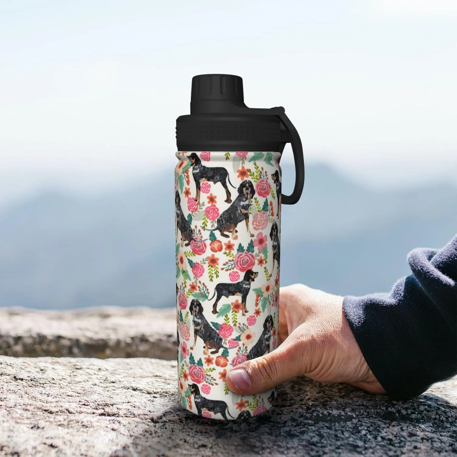 18 Oz Stainless Steel Vacuum Insulated Sports Water Bottles - Cute Bluetick Coonhound Dog Rose Flowers Florals Print Cups With Flip, Spout And Handle Lid Thermos Mugs For School Travel Birthday Gifts