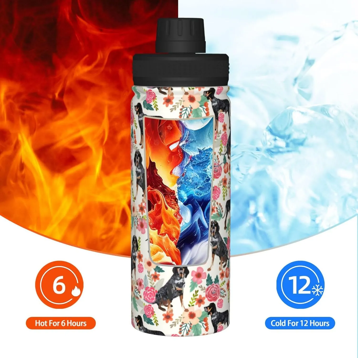 18 Oz Stainless Steel Vacuum Insulated Sports Water Bottles - Cute Bluetick Coonhound Dog Rose Flowers Florals Print Cups With Flip, Spout And Handle Lid Thermos Mugs For School Travel Birthday Gifts