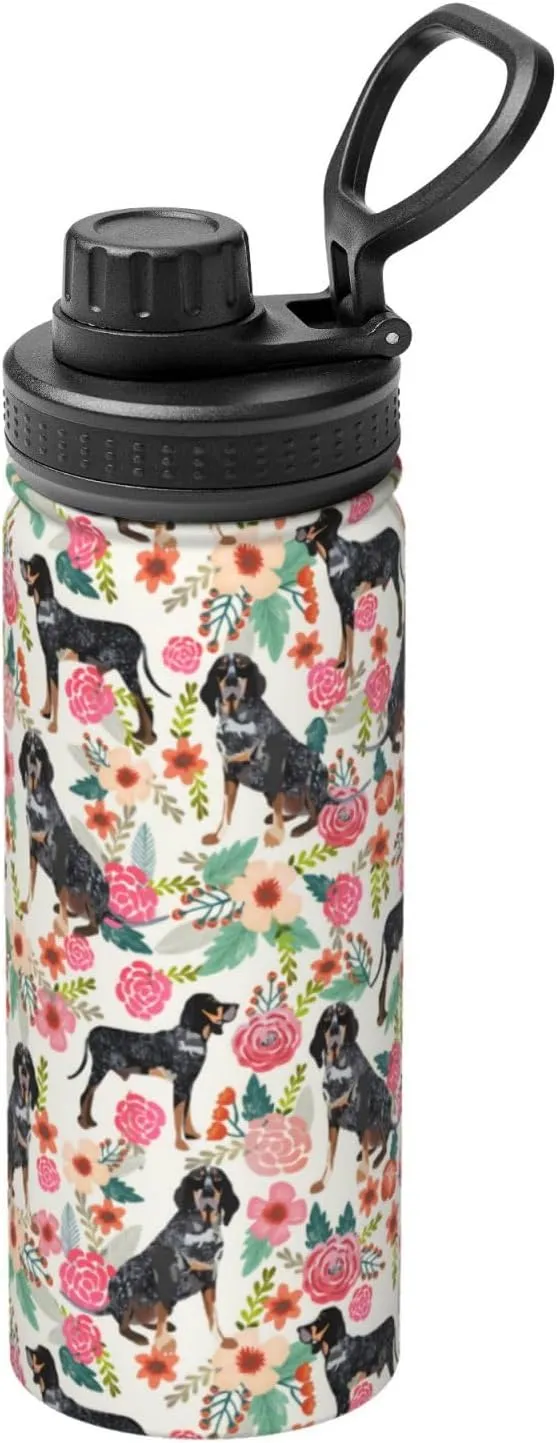18 Oz Stainless Steel Vacuum Insulated Sports Water Bottles - Cute Bluetick Coonhound Dog Rose Flowers Florals Print Cups With Flip, Spout And Handle Lid Thermos Mugs For School Travel Birthday Gifts