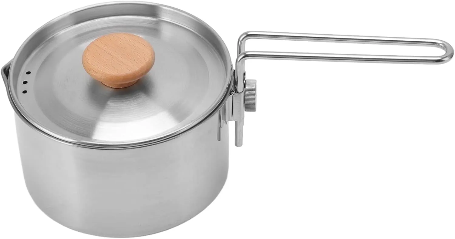 1L Stainless Steel Camping Kettle, Camping Coffee Kettle with Collapsible Handle and Lid, Tea Kettle for Outdoor Hiking Picnic