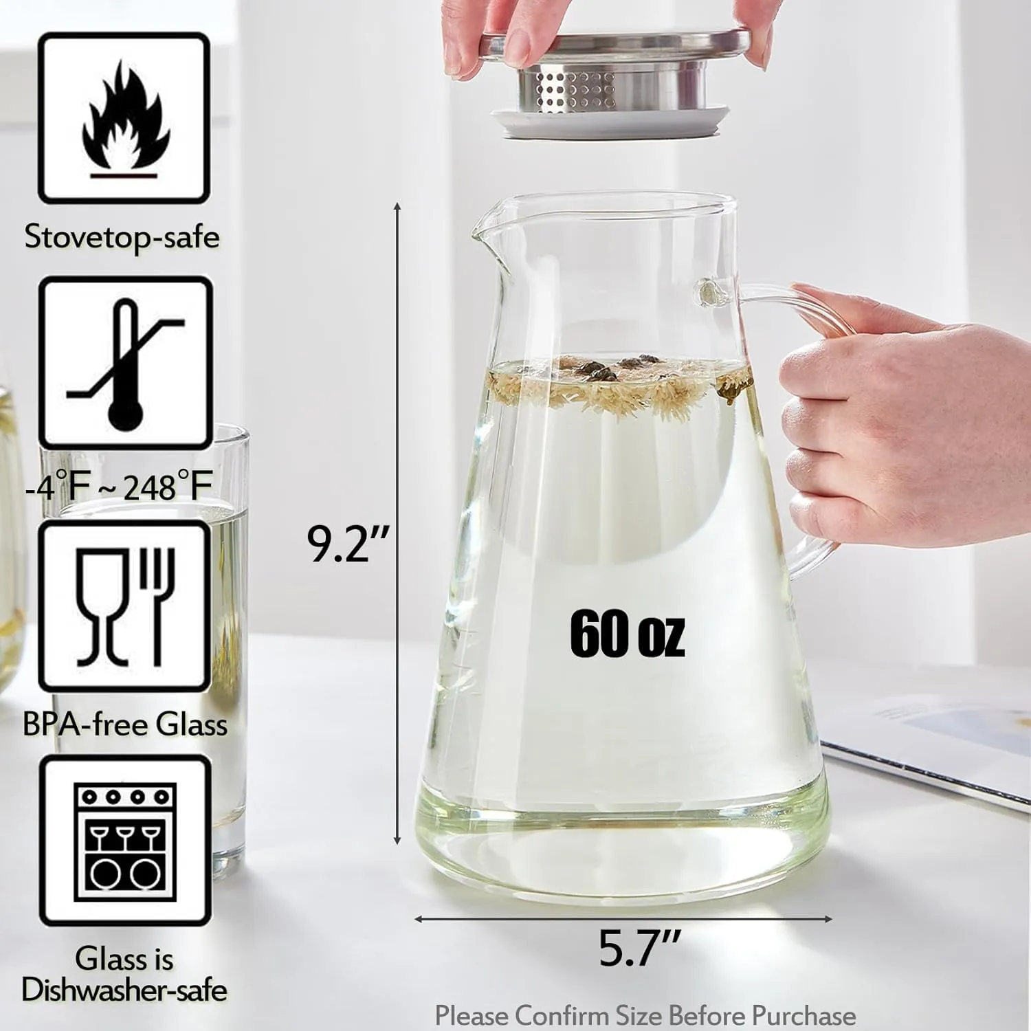 2-in-1 Glass Teapot with strainer 60 Oz Stovetop & Microwave Safe Heatproof Borosilicate glass tea pot One-Touch Tea Kettle for loose tea leaves，Hot/Cold Beverages Glass pitcher with lid