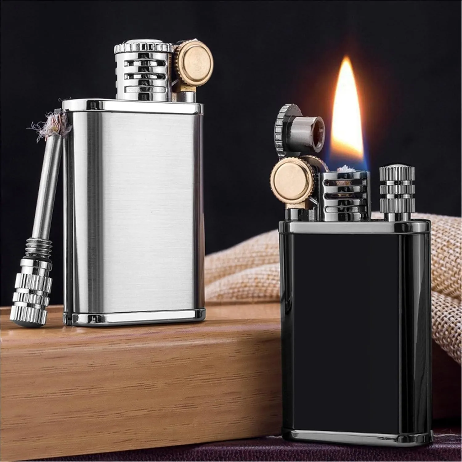 2 in 1 Oil Lighter, Vintage Lighter Permanent Matches, Cool Trench Brass Lighter, Reusable Waterproof Kerosene Lighter, Antique Kerosene Lighter Fluid refillable.(A)
