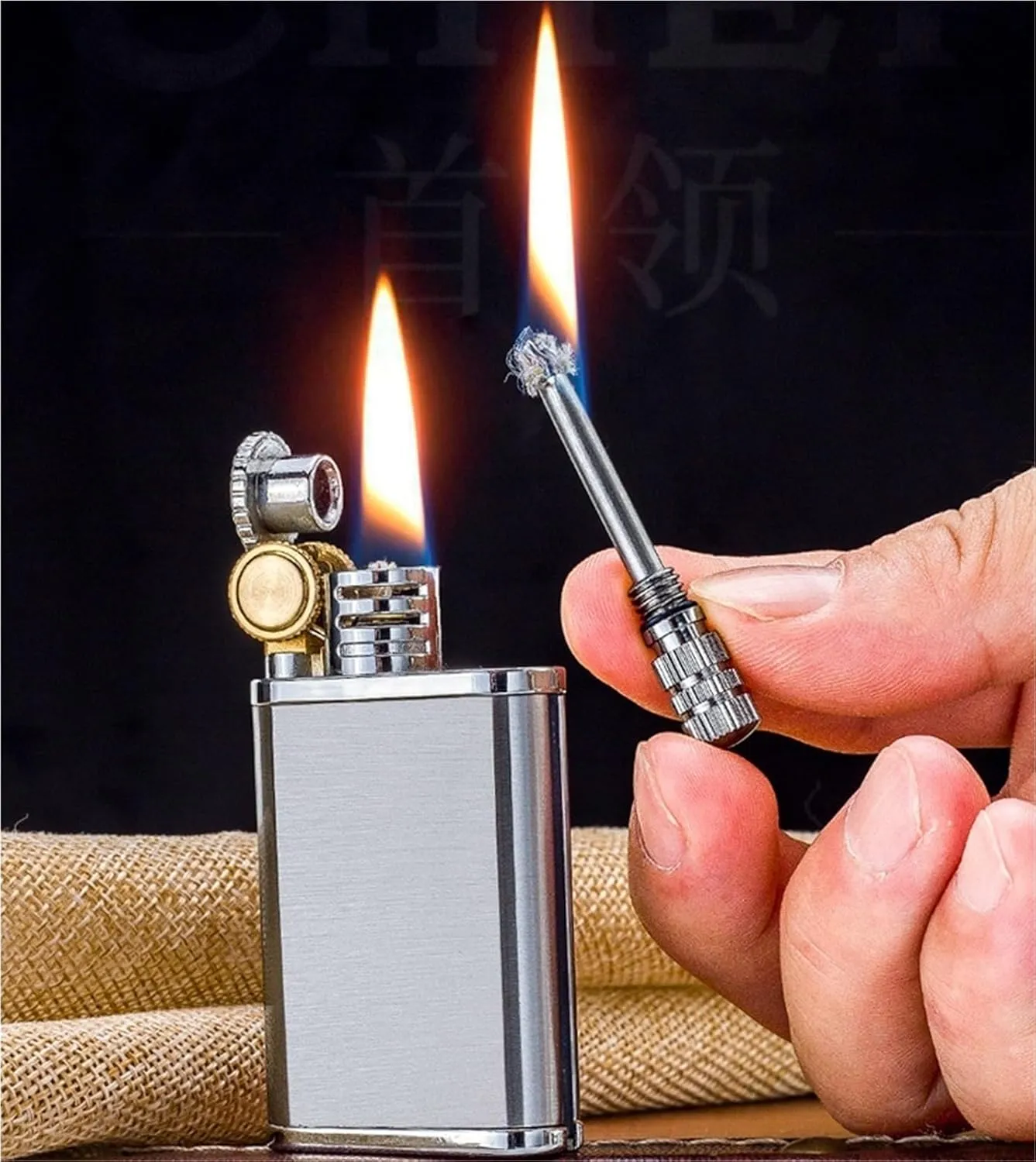 2 in 1 Oil Lighter, Vintage Lighter Permanent Matches, Cool Trench Brass Lighter, Reusable Waterproof Kerosene Lighter, Antique Kerosene Lighter Fluid refillable.(A)