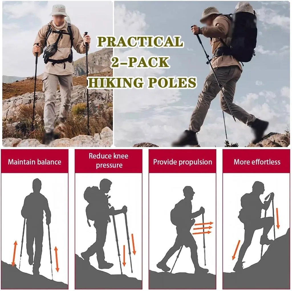 2-Pack Lightweight Trekking Poles, 5-Section Folding, Aluminum Alloy, with Thickened Wrist Strap, for Men and Women
