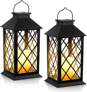 2 Pack Solar Hollow Lanterns Outdoor, Waterproof Patio Hanging Lanterns with LED Flickering Flameless Candle Lights, Decorative Solar Lantern for Porch, Garden, Patio, Yard, Table