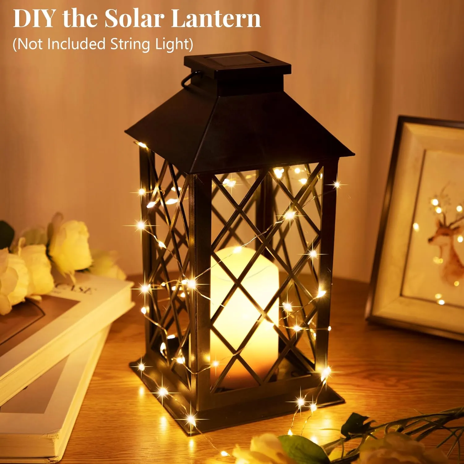 2 Pack Solar Hollow Lanterns Outdoor, Waterproof Patio Hanging Lanterns with LED Flickering Flameless Candle Lights, Decorative Solar Lantern for Porch, Garden, Patio, Yard, Table