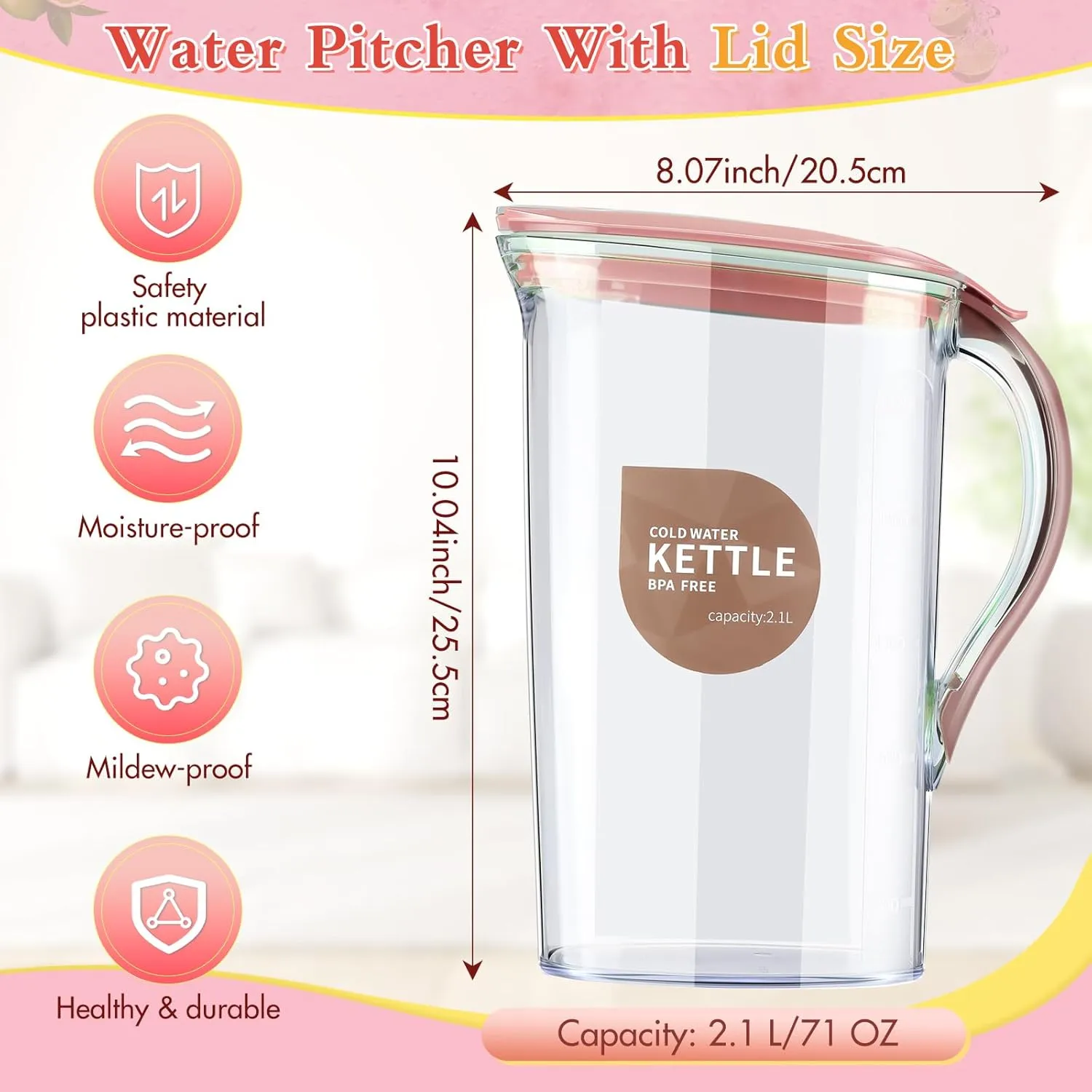 2 Pcs 71 OZ Fridge Door Water Pitcher With Lid 0.56 Gallon Water Jug Made of Clear Plastic Plastic Pitcher for Hot/Cold Lemonade Juice Beverage Jar Ice Tea Kettle (Red)