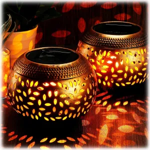 2 Pcs Solar Table Lantern Outdoor Waterproof Flickering Flame Solar Powered LED Light Decorative Metal Outdoor Lamp for Outside Indoor Desk Tabletop Bedroom Patio Garden Pathway Yard (Bronze)