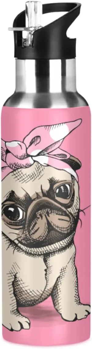 20 OZ Pink Headband Pug Water Bottle with Straw, Sports Water Bottle BPA Free Stainless Steel Water Jugs for Gym, Kitchen, Working, Outdoor