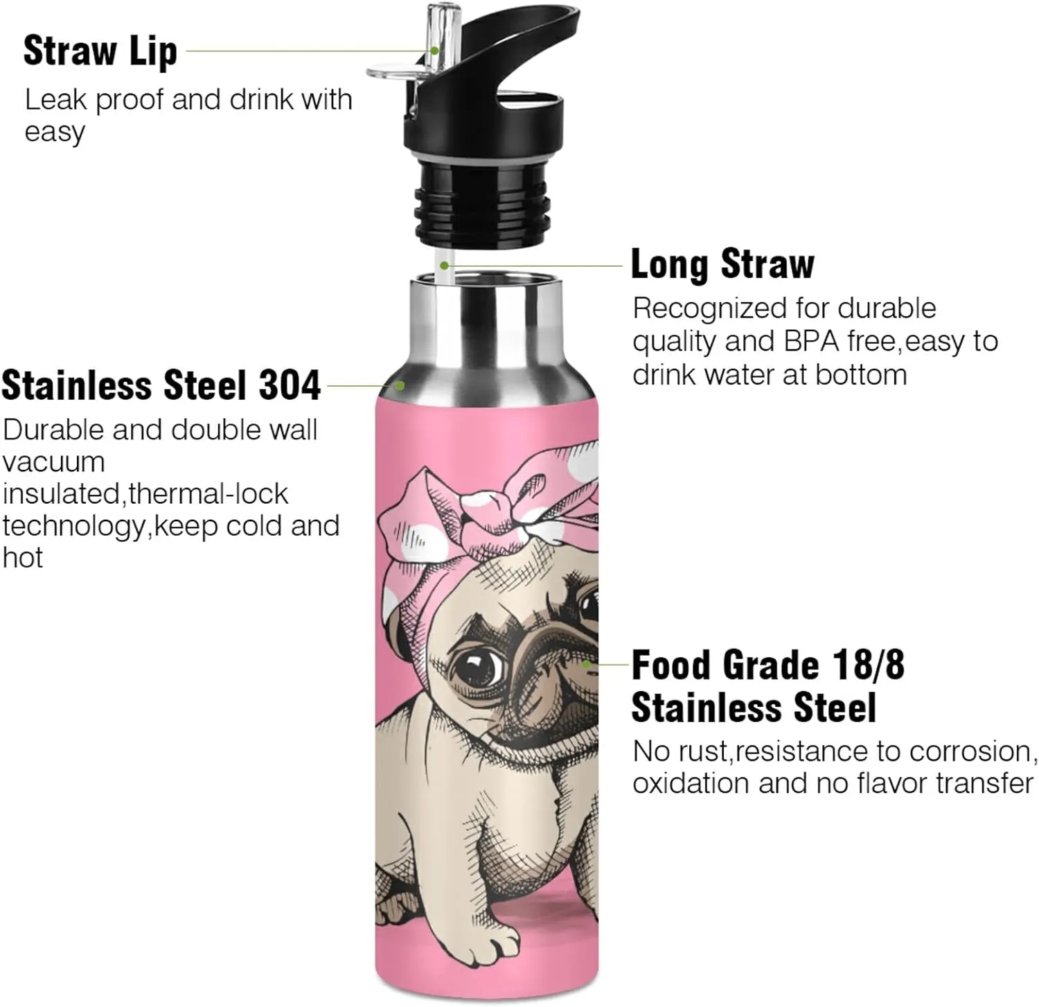 20 OZ Pink Headband Pug Water Bottle with Straw, Sports Water Bottle BPA Free Stainless Steel Water Jugs for Gym, Kitchen, Working, Outdoor