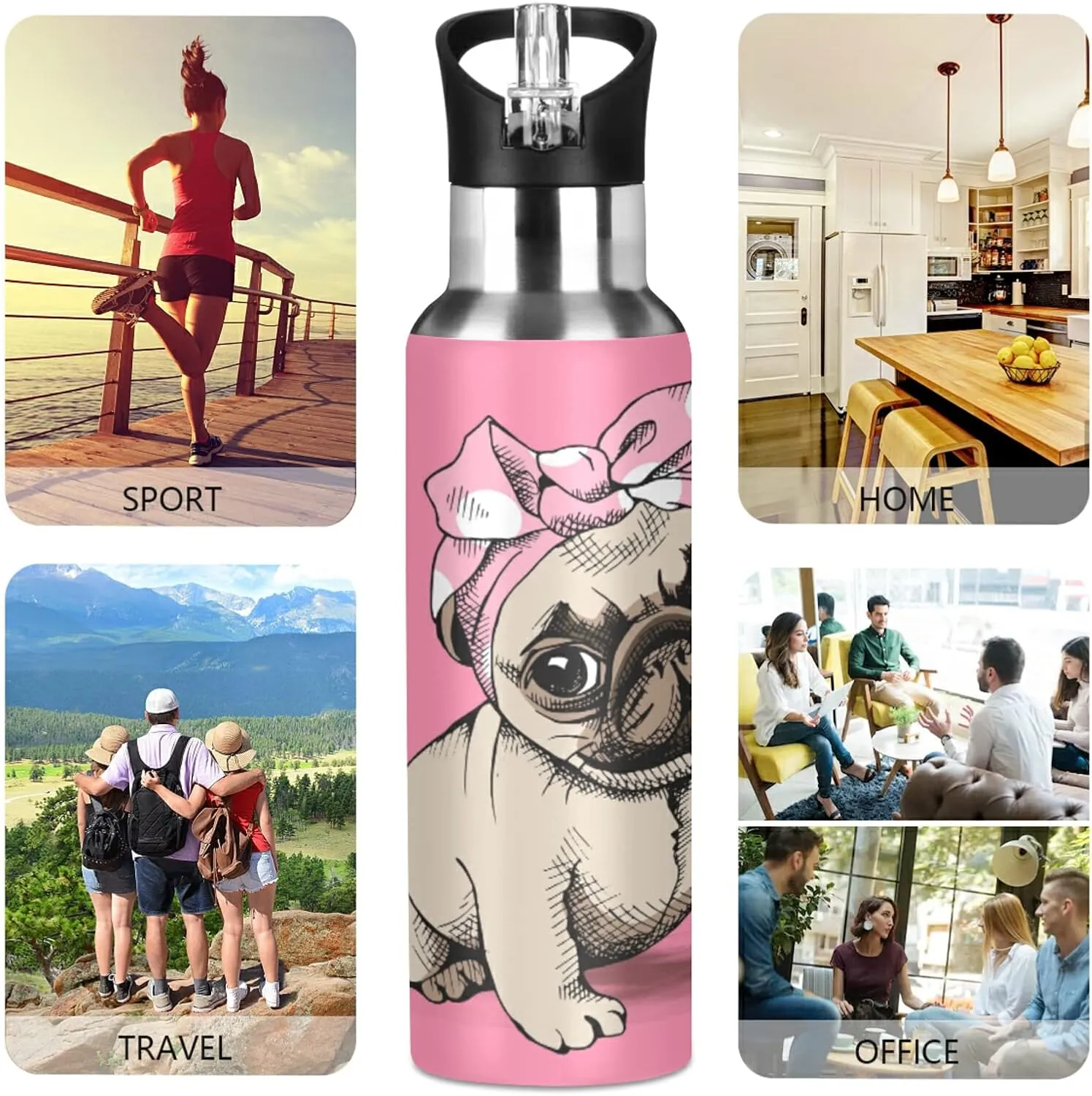 20 OZ Pink Headband Pug Water Bottle with Straw, Sports Water Bottle BPA Free Stainless Steel Water Jugs for Gym, Kitchen, Working, Outdoor
