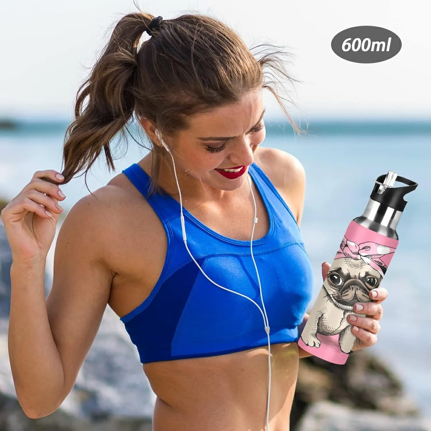 20 OZ Pink Headband Pug Water Bottle with Straw, Sports Water Bottle BPA Free Stainless Steel Water Jugs for Gym, Kitchen, Working, Outdoor