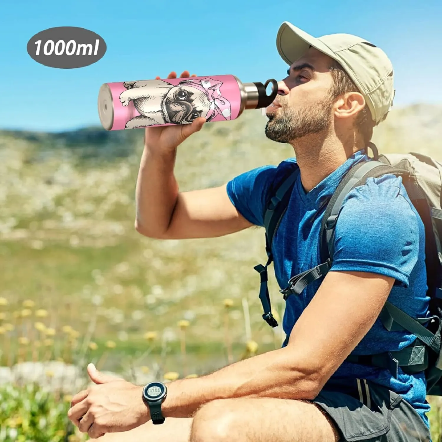 20 OZ Pink Headband Pug Water Bottle with Straw, Sports Water Bottle BPA Free Stainless Steel Water Jugs for Gym, Kitchen, Working, Outdoor
