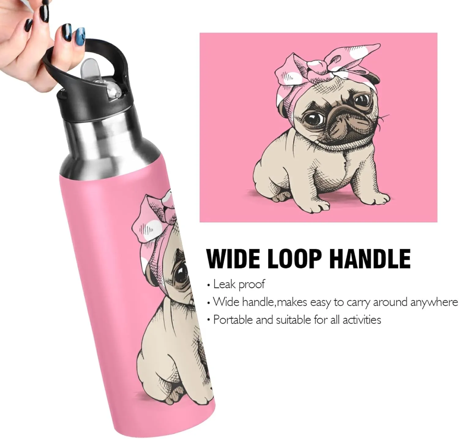 20 OZ Pink Headband Pug Water Bottle with Straw, Sports Water Bottle BPA Free Stainless Steel Water Jugs for Gym, Kitchen, Working, Outdoor