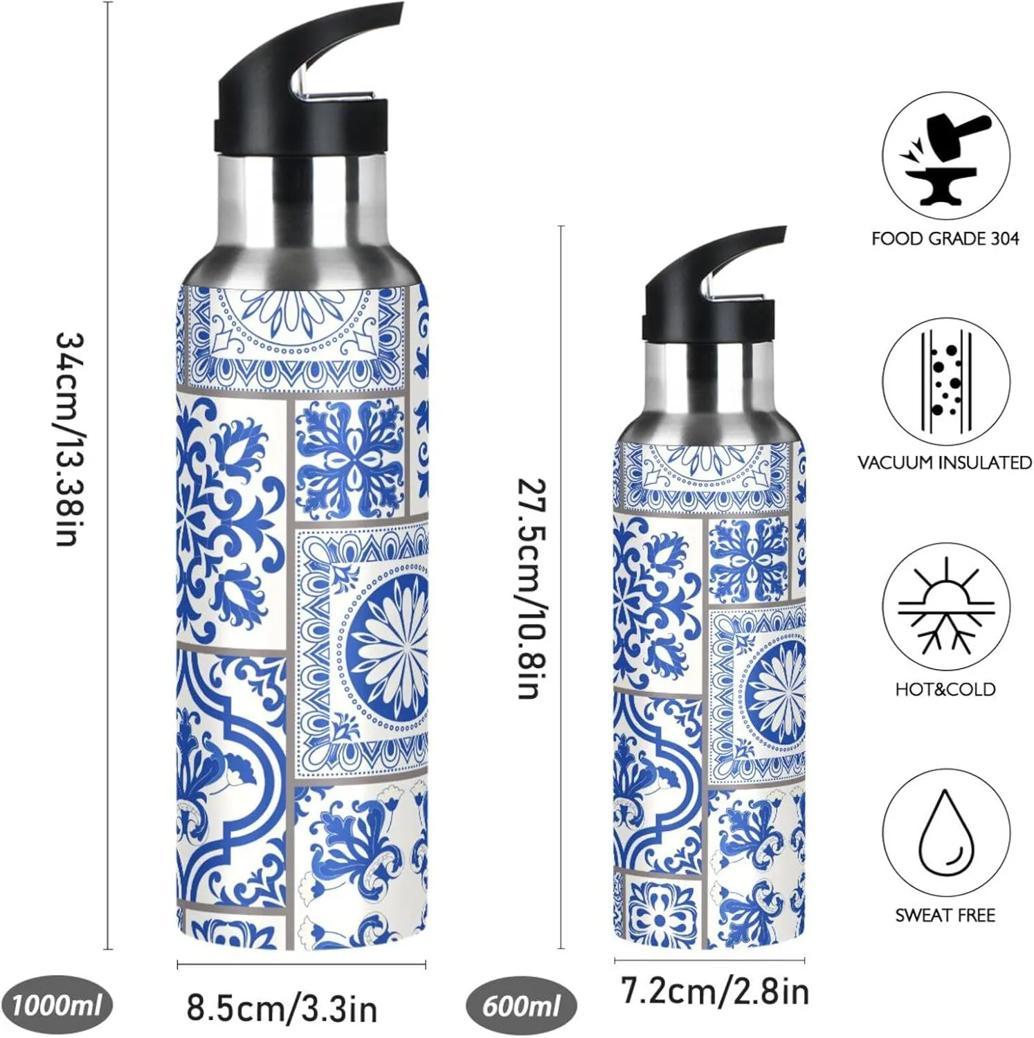 20 oz Water Bottle Blue Pieced Porcelain Water Bottles with Straw Lid for Girls Kids Insulated Stainless Steel Water Flask