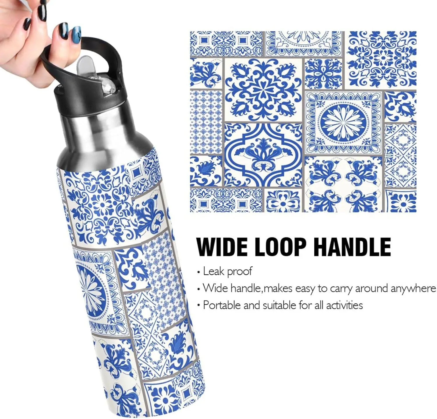 20 oz Water Bottle Blue Pieced Porcelain Water Bottles with Straw Lid for Girls Kids Insulated Stainless Steel Water Flask