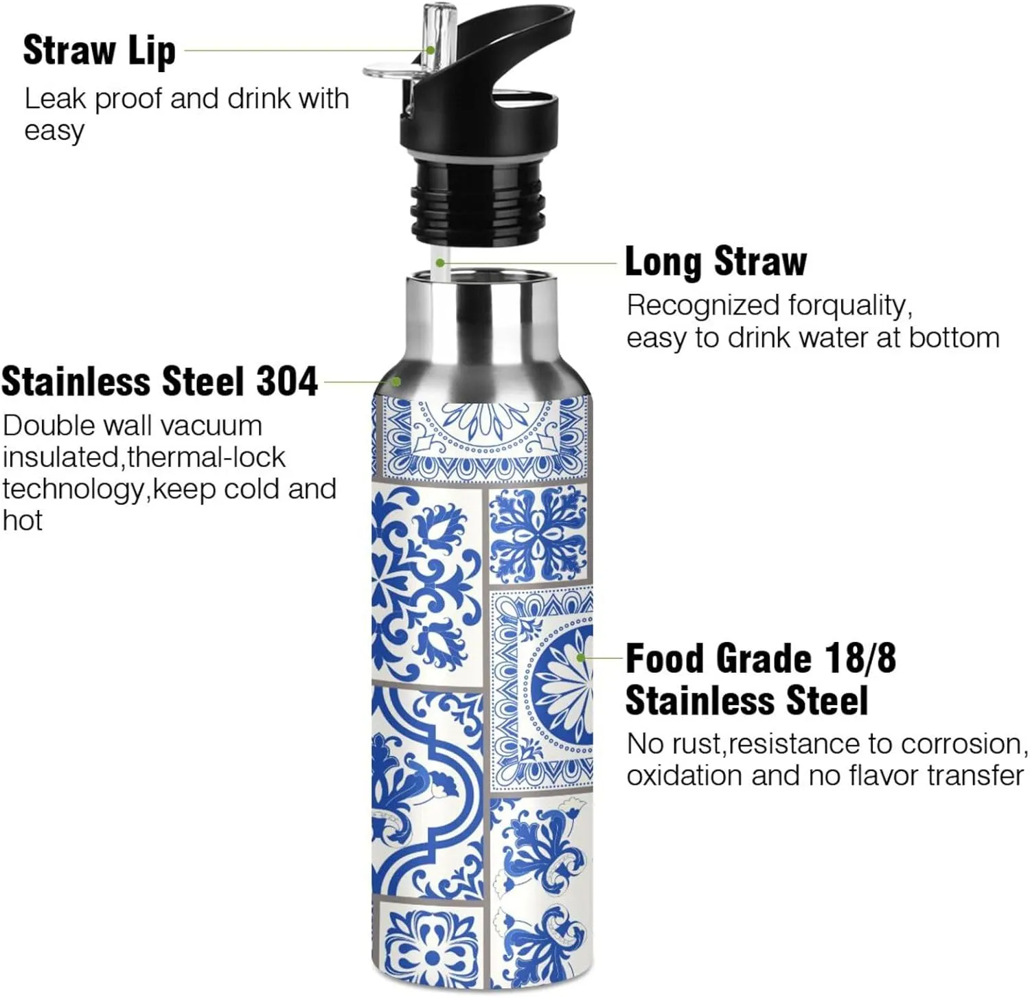 20 oz Water Bottle Blue Pieced Porcelain Water Bottles with Straw Lid for Girls Kids Insulated Stainless Steel Water Flask