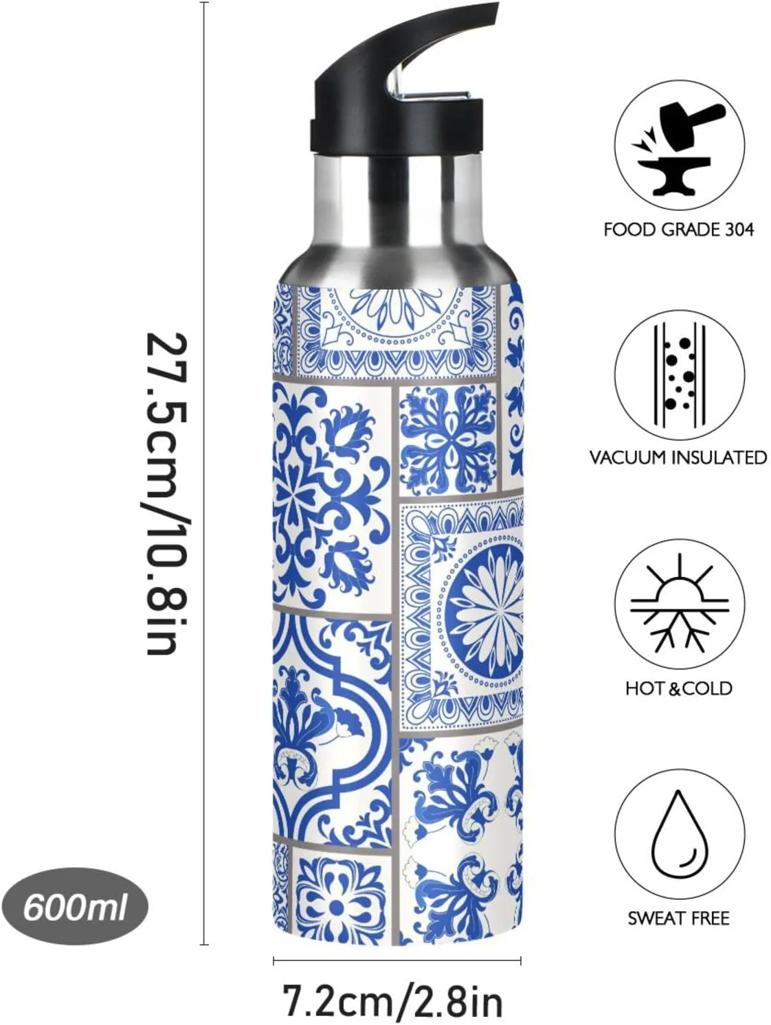20 oz Water Bottle Blue Pieced Porcelain Water Bottles with Straw Lid for Girls Kids Insulated Stainless Steel Water Flask