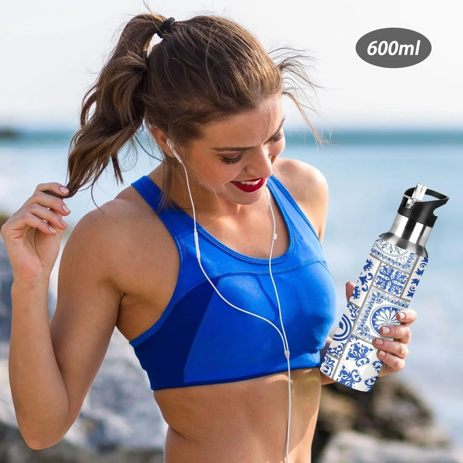 20 oz Water Bottle Blue Pieced Porcelain Water Bottles with Straw Lid for Girls Kids Insulated Stainless Steel Water Flask
