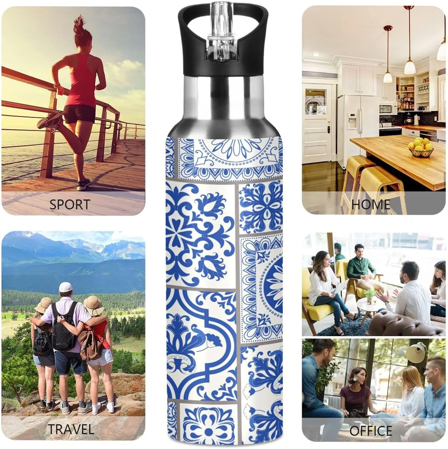 20 oz Water Bottle Blue Pieced Porcelain Water Bottles with Straw Lid for Girls Kids Insulated Stainless Steel Water Flask