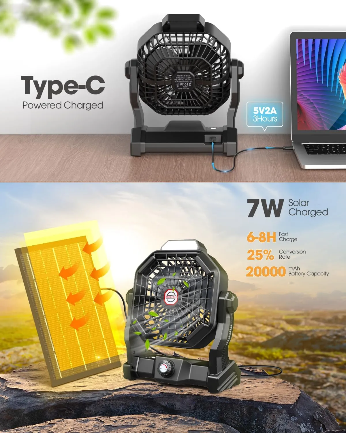 20000mAh Solar Fan, Camping Fan with Solar Panel, 7W 9-Inch Rechargeable Battery Operated Fans for Outside, LED Lantern, Stepless Speed and Quiet Battery Powered Solar Tent Fans for Outdoor, Barbecue