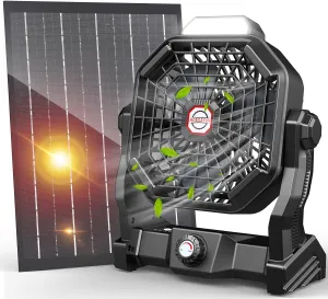 20000mAh Solar Fan, Camping Fan with Solar Panel, 7W 9-Inch Rechargeable Battery Operated Fans for Outside, LED Lantern, Stepless Speed and Quiet Battery Powered Solar Tent Fans for Outdoor, Barbecue