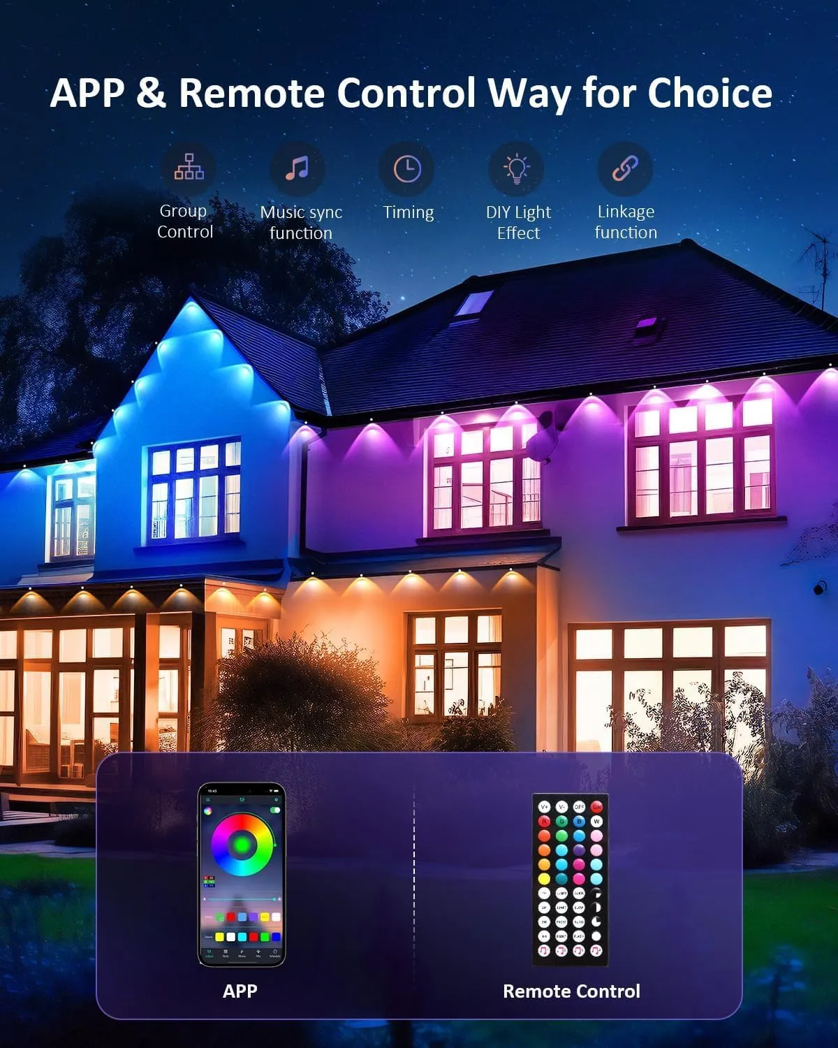 200FT Permanent Outdoor RGB Lights,Waterproof Smart LED Eaves Lights with App/Remote Control,for Christmas and All Holiday Decor,Daily and Accent Lighting,House Roof and Garden Lighting