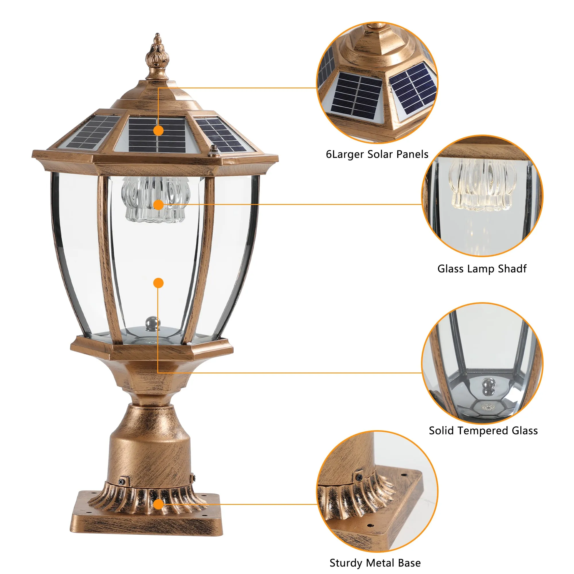 20'(H) Golden Solar Powered LED Outdoor Lantern, Vintage Garden Light with Elegant Glass Design for Pathways, Yards, and Patios (2-Pack)