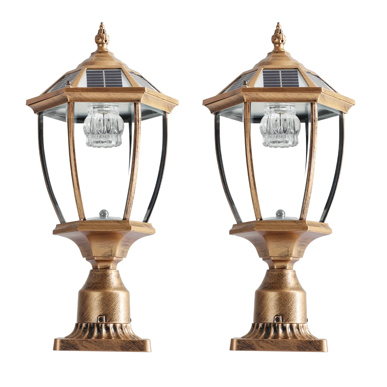 20'(H) Golden Solar Powered LED Outdoor Lantern, Vintage Garden Light with Elegant Glass Design for Pathways, Yards, and Patios (2-Pack)