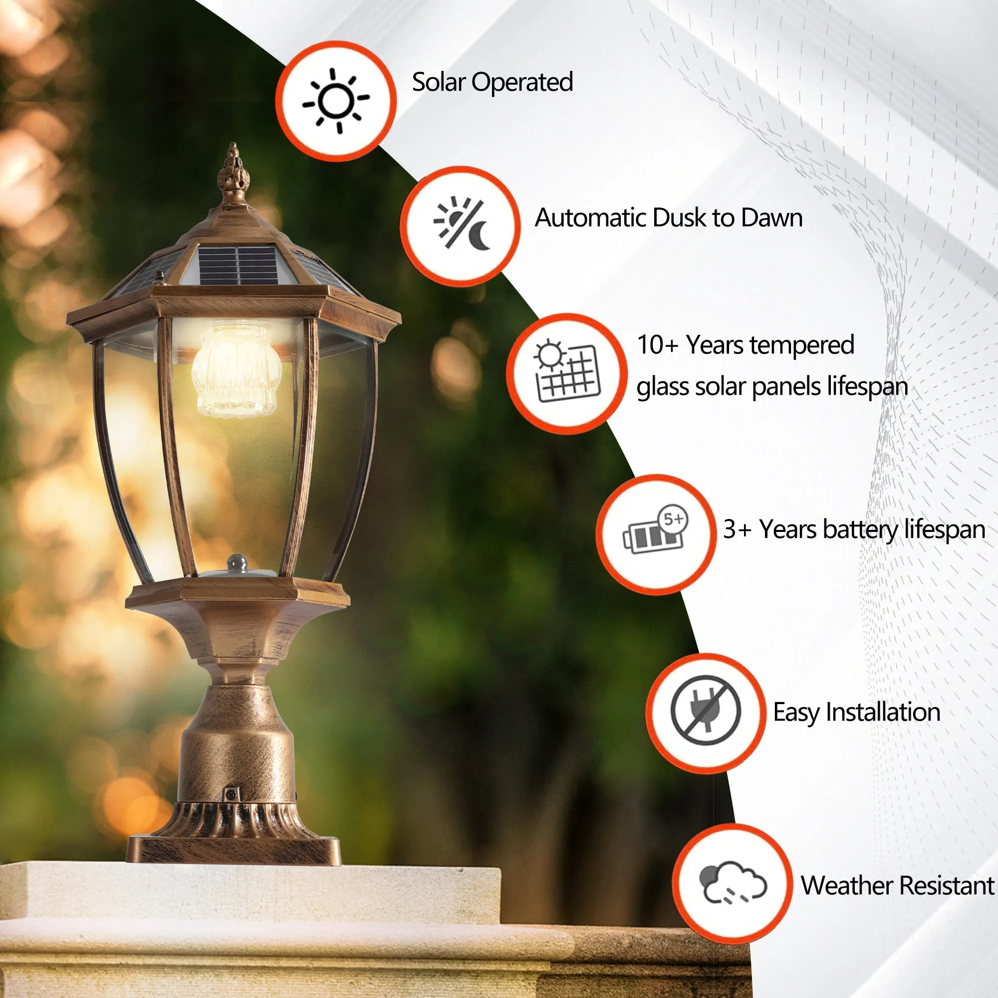 20'(H) Golden Solar Powered LED Outdoor Lantern, Vintage Garden Light with Elegant Glass Design for Pathways, Yards, and Patios (2-Pack)