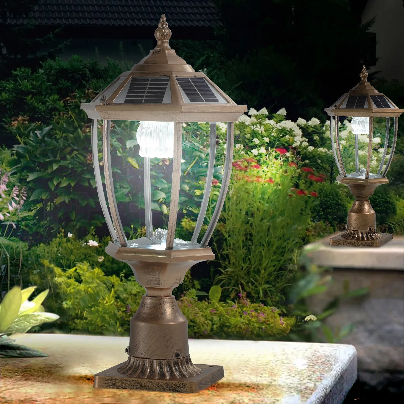 20'(H) Golden Solar Powered LED Outdoor Lantern, Vintage Garden Light with Elegant Glass Design for Pathways, Yards, and Patios (2-Pack)